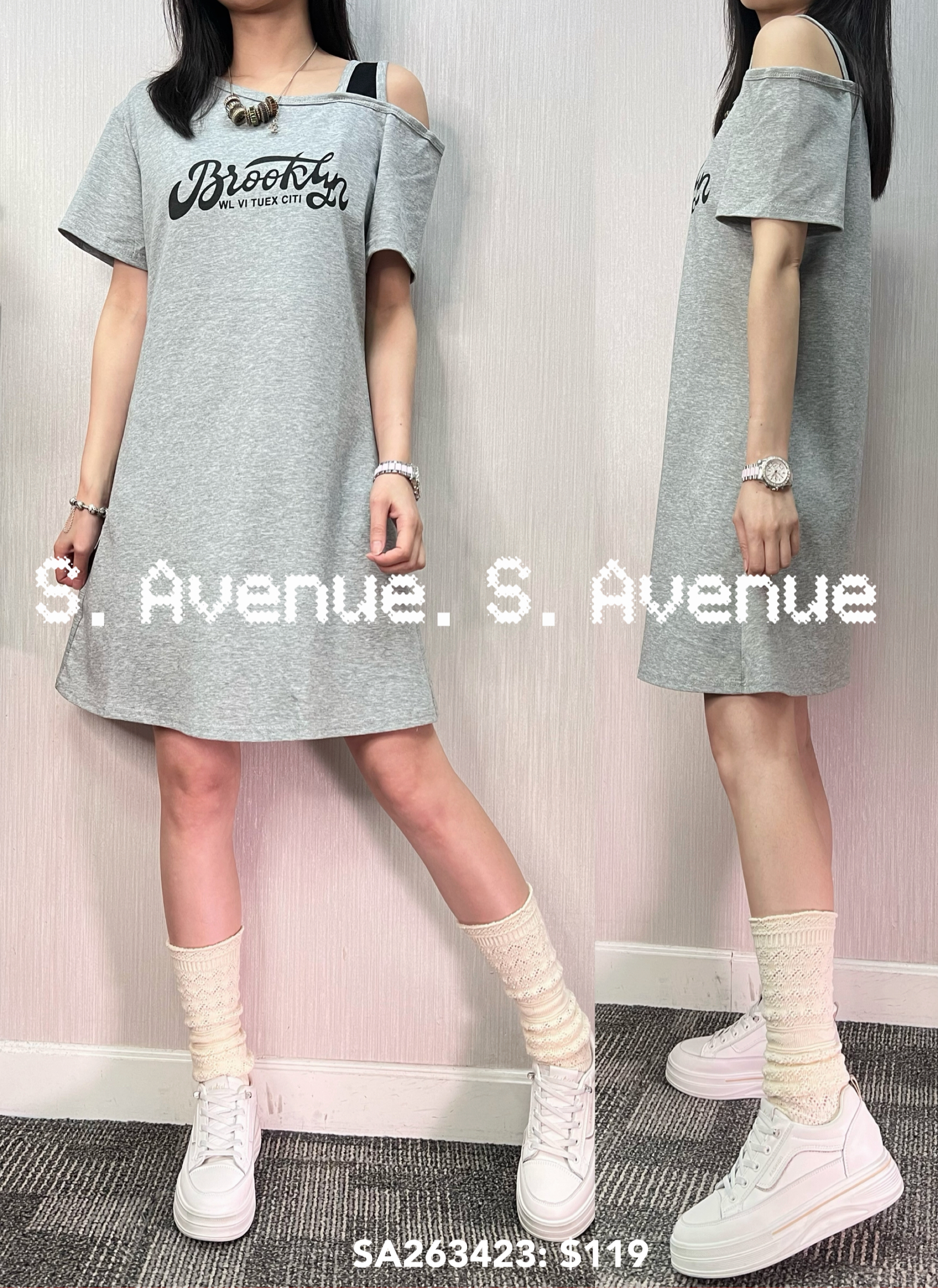 SA263423: 短袖側露膊英文字A字op