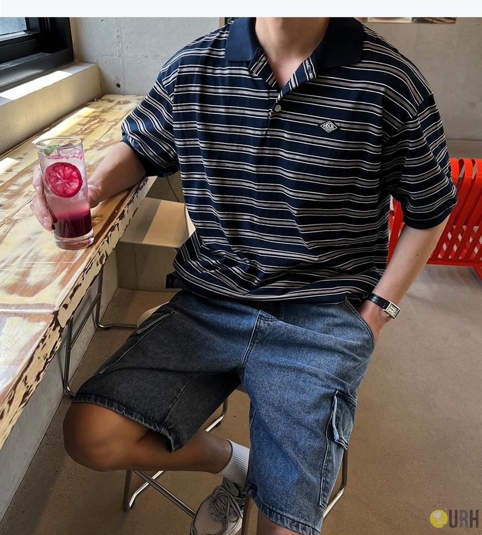 【100%保證韓國直送】Vintage Wave Stripe 復古顏料洗水波紋條紋反領短袖 Polo 衫 👕 [2 color] RG115876