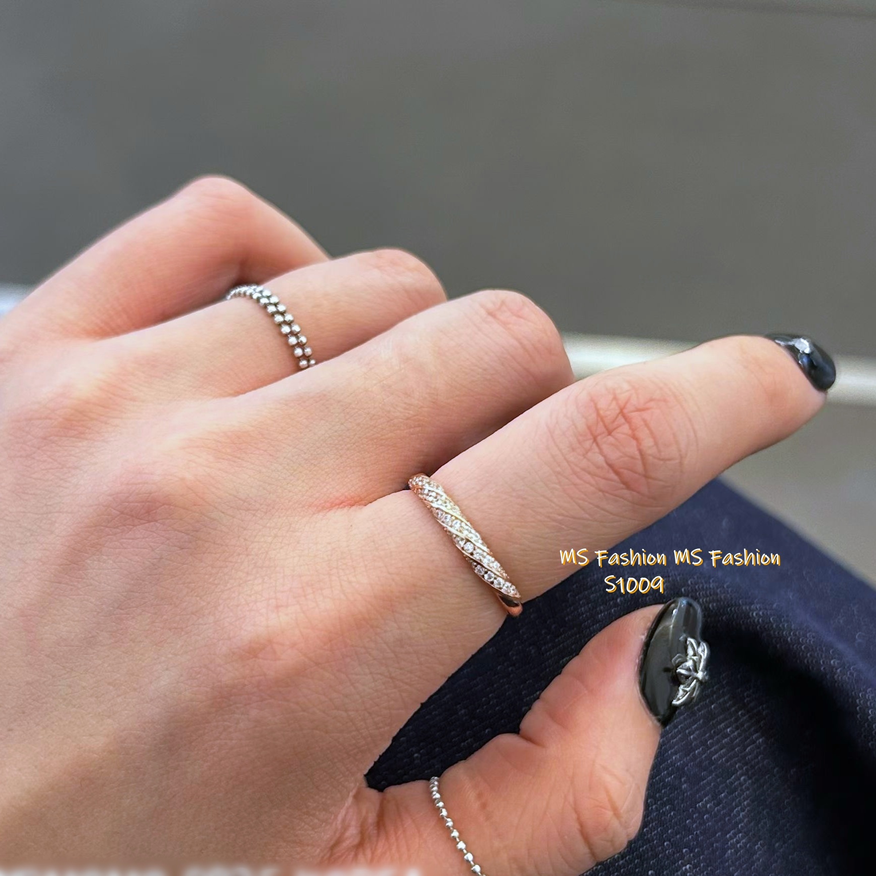 S1009 韓國🇰🇷S925閃石麻花內嵌式開口戒指