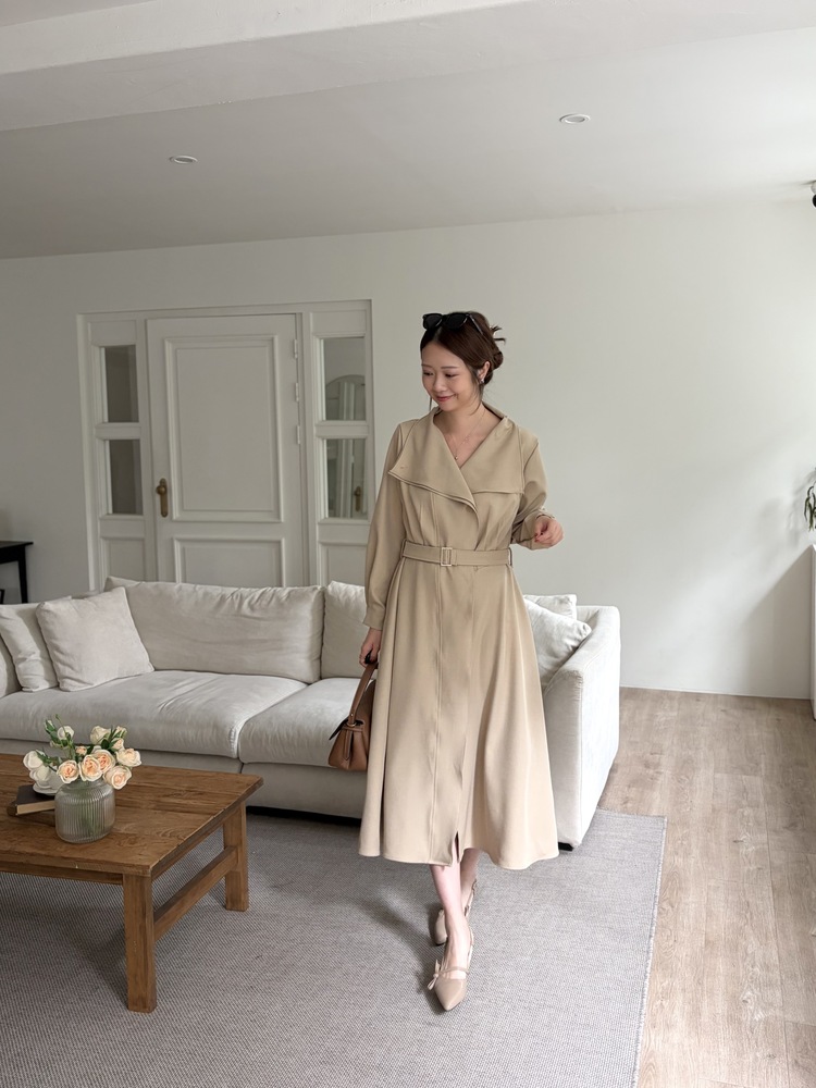 Classic Flared Trench Dress (Warm Beige)