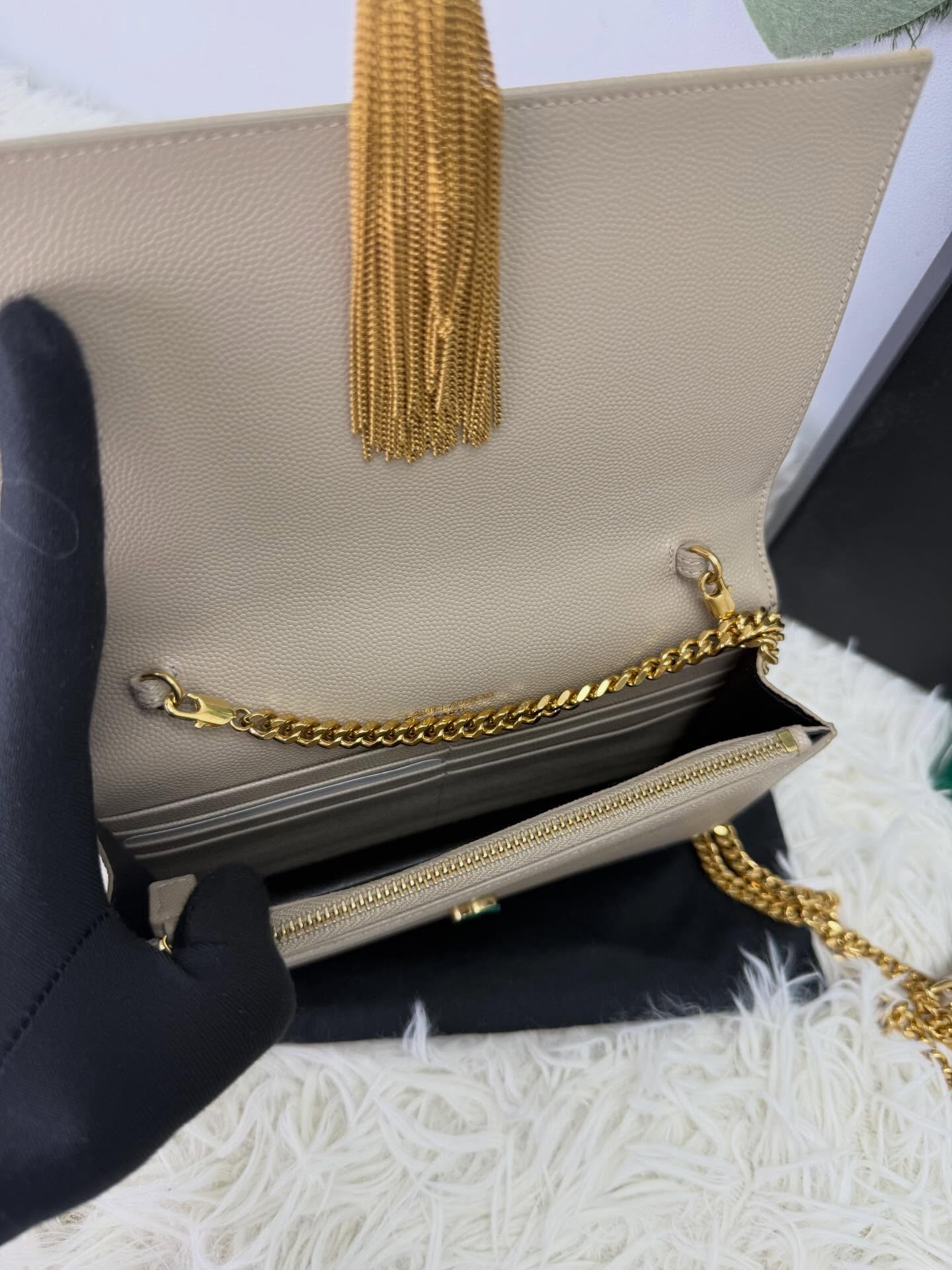 YSL🤍PRE OWNED 奶茶色 荔枝皮WOC 鏈條包 全套有盒🖤