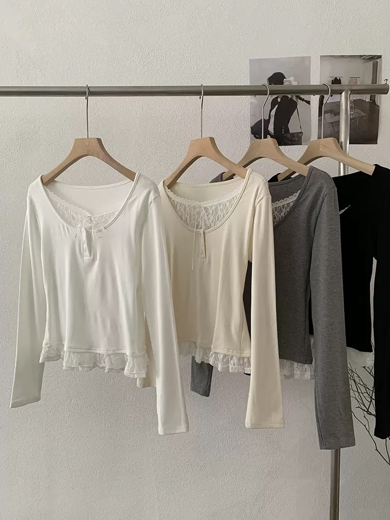 蕾丝花边拼接纯色上衣