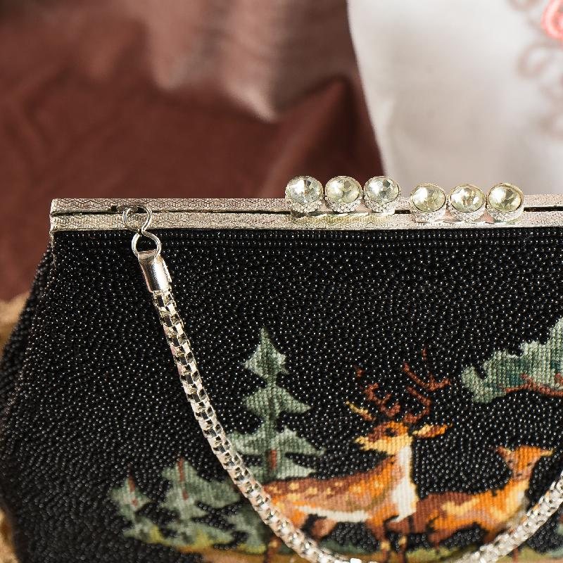Vintage 1980-90s Midnight Forest Deer Beaded Bag - New Old Stock (NA0782)