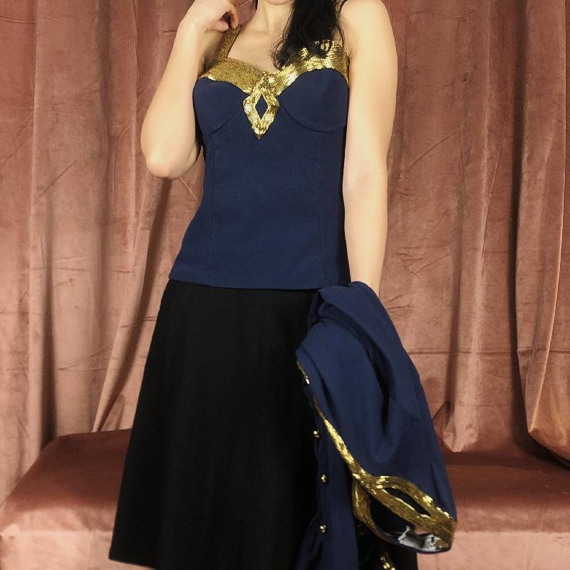 C.a. 1980s-90s Made in Hong Kong Midnight x Golden Tube Beadwork - Vest Top and Outer (MT485)