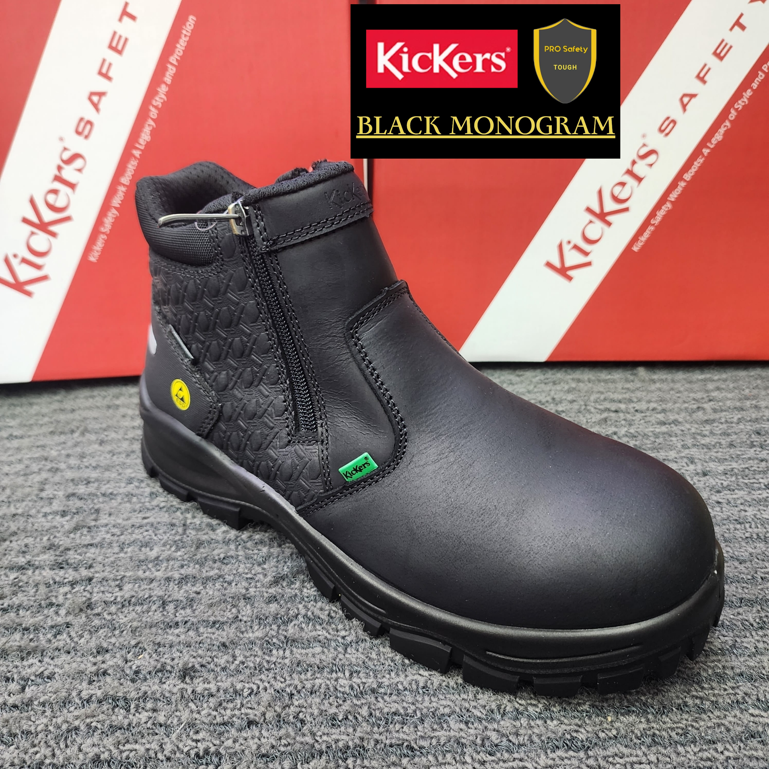 Kickers Safety PRO Safety 3068 Monogram Mid Cut Zip Full Black Safety Shoes