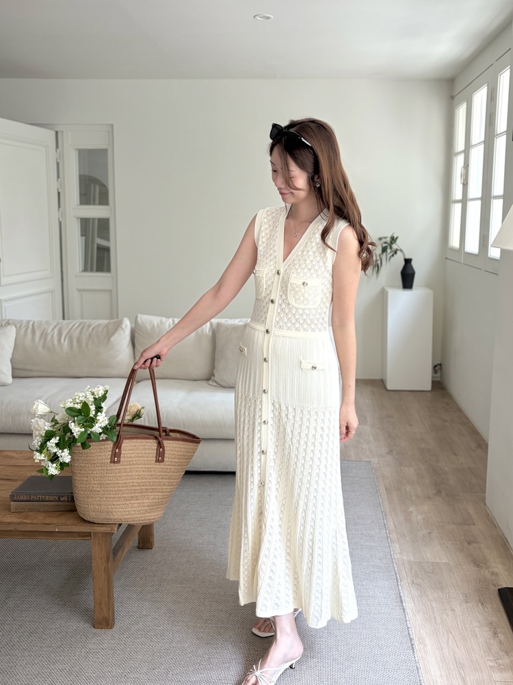 Buttoned Crochet Knit Dress (Ivory)