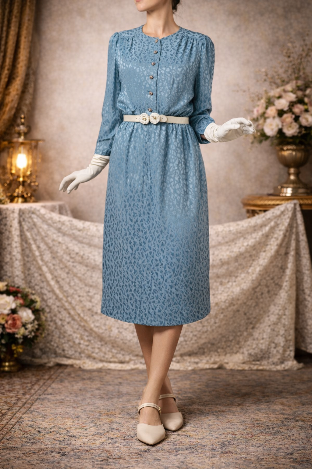Vintage Powder Blue Satin Luxe Abstract Pattern Day Dress(MT1608-103)