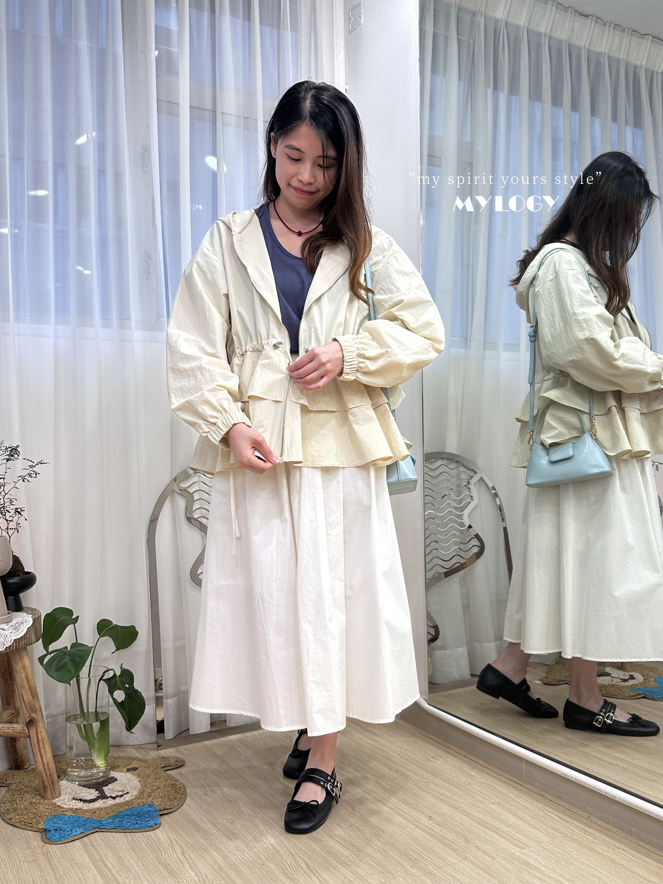 非典型少甜～束腰索繩Double Ruffle連帽風衣 J0002 - 白色 Ivory