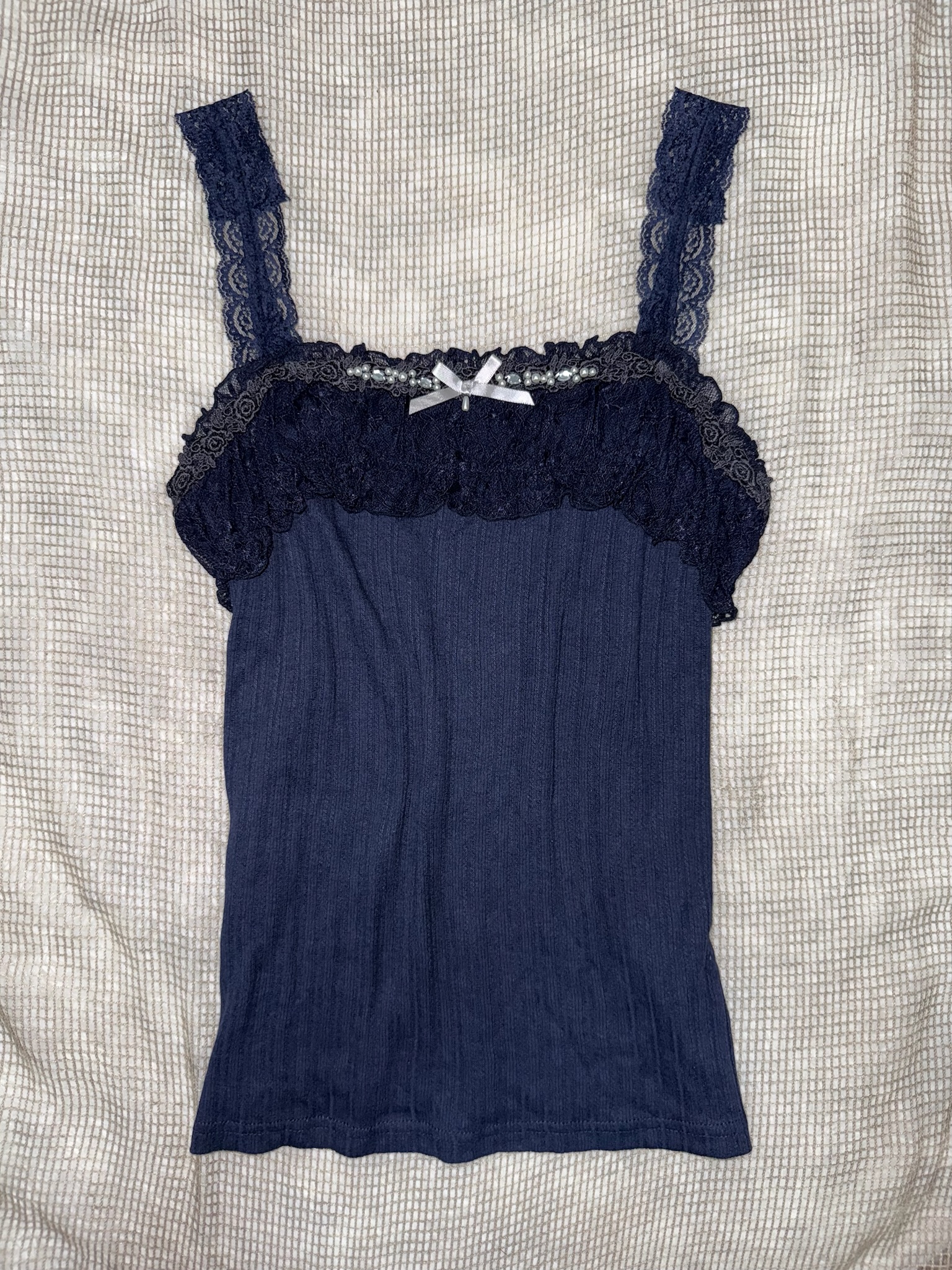 Axes Navy Blue Ribbed Tank with Pearl-Detail Lace