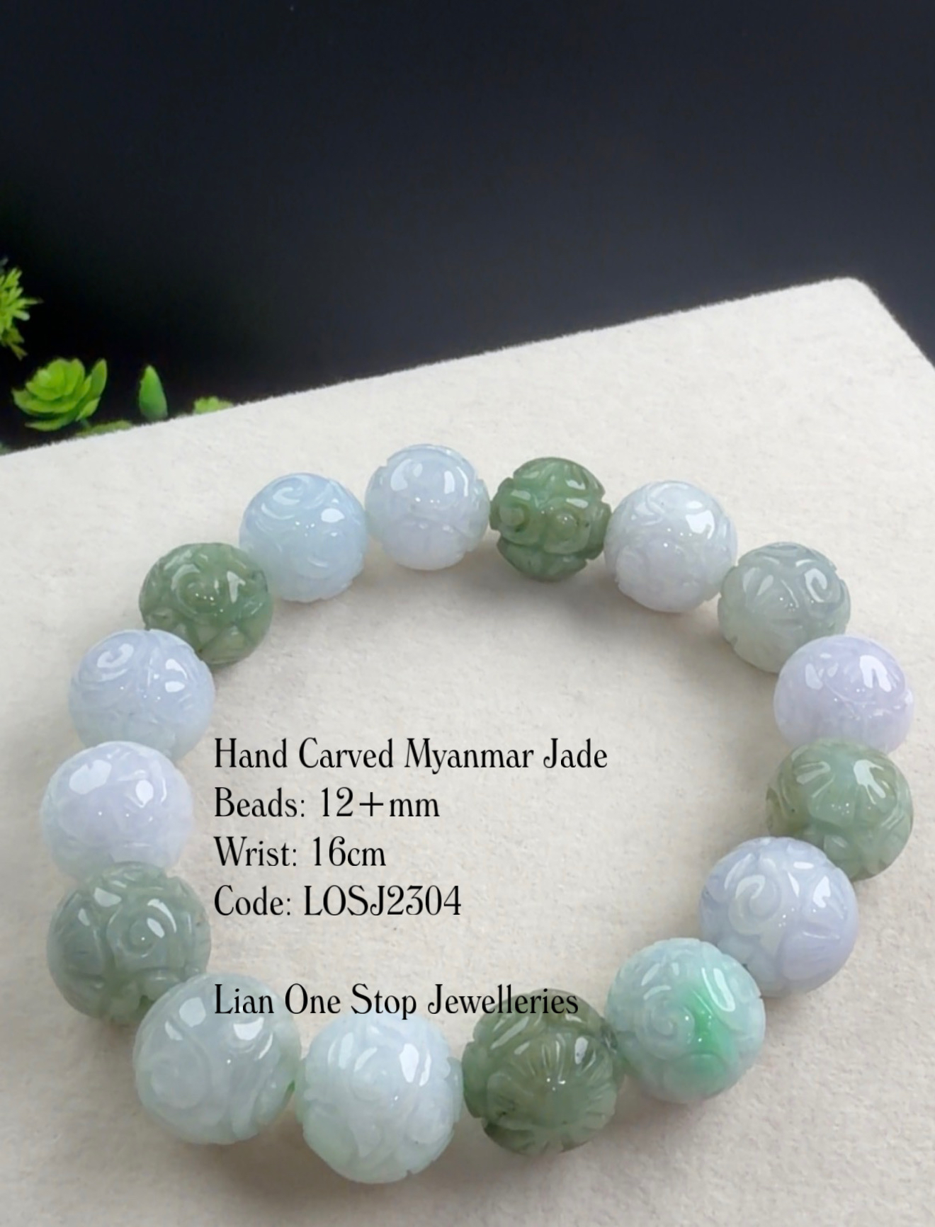 Code: LOSJ2304 Hand Carved Myanmar Jade 12+mm 