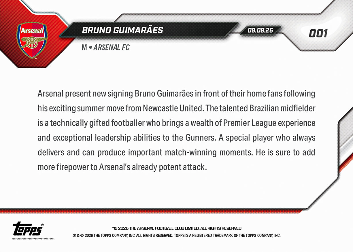 Bruno Guimarães - 2026/27 Arsenal FC Topps NOW® #1 加盟紀念卡【團購】