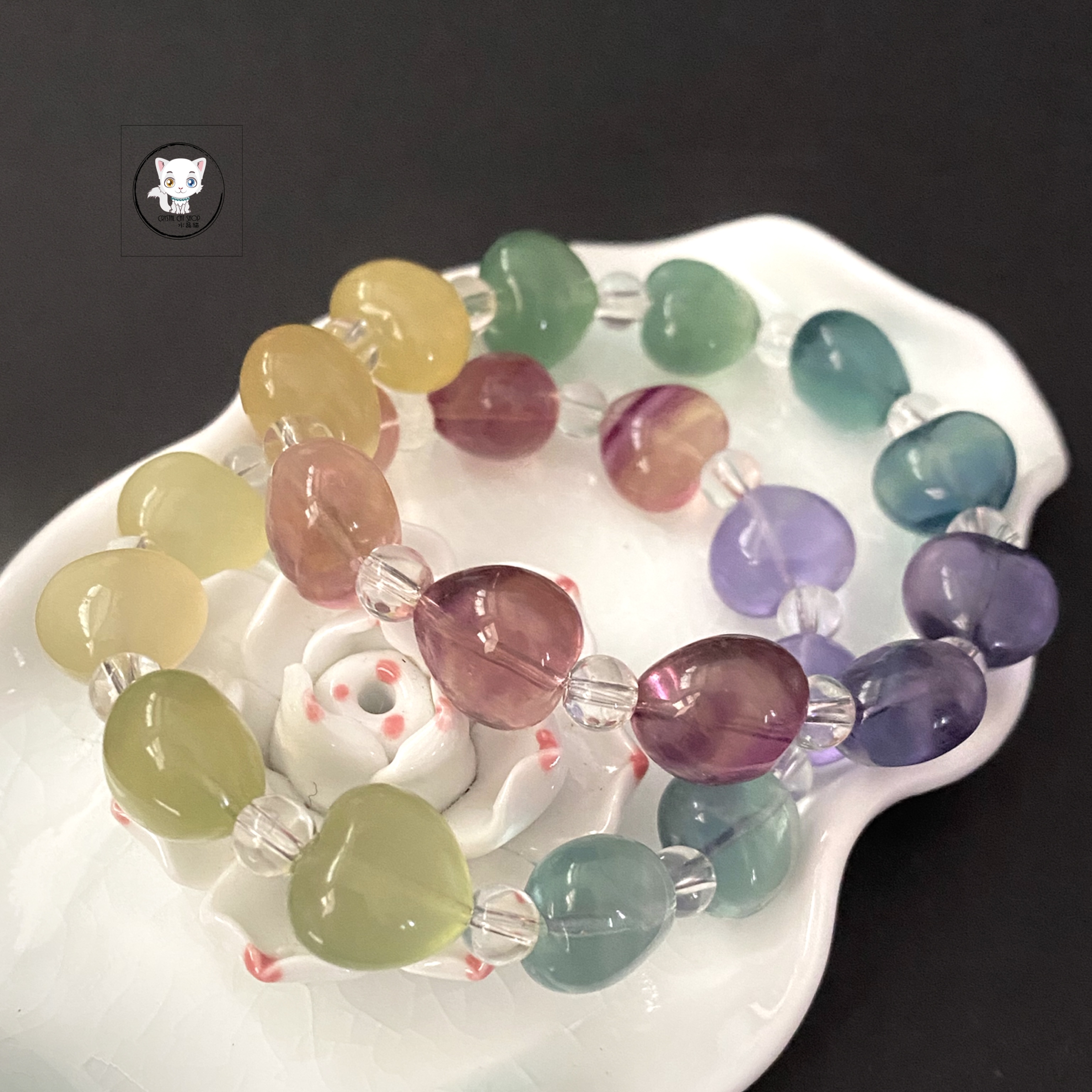 天然彩螢石愛心手鏈 14mm