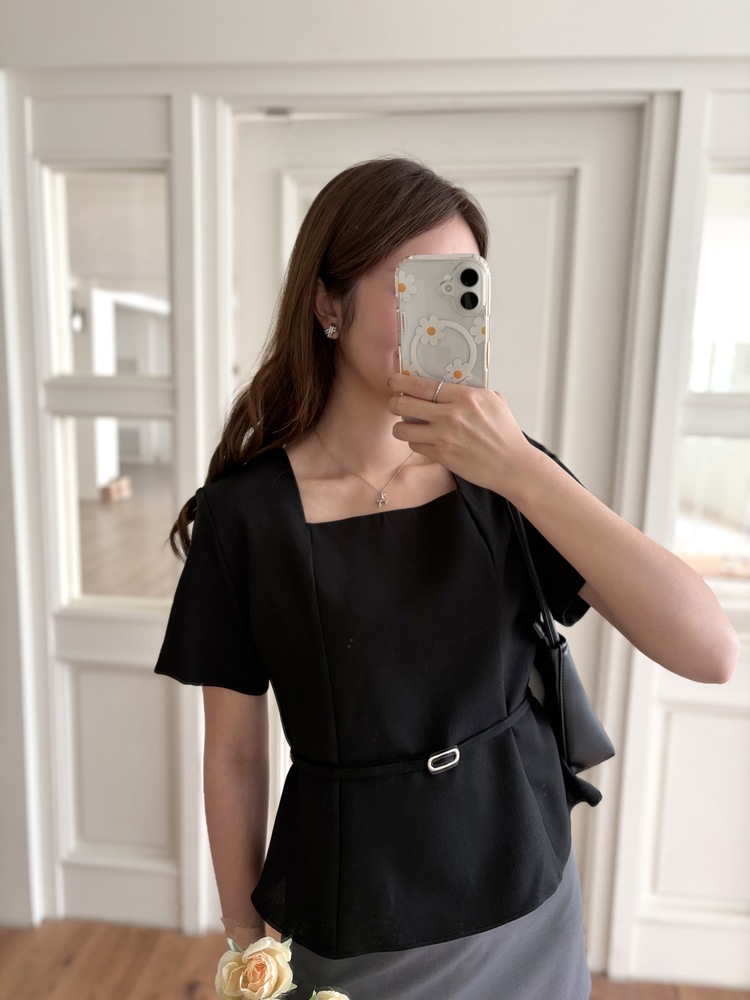 Square Neck Belted Blouse (Black)