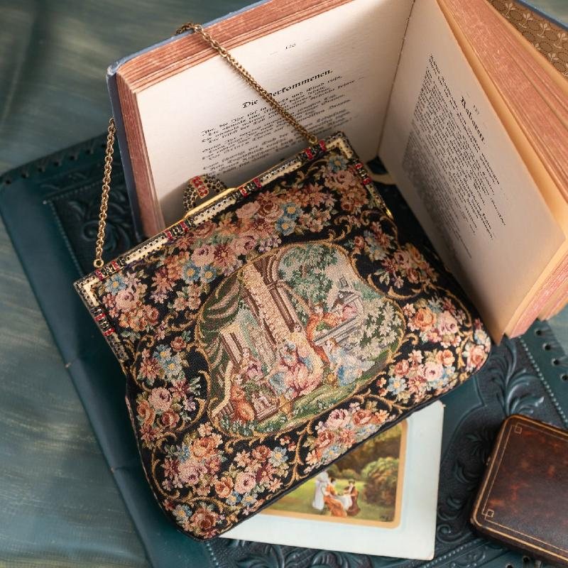 C.a. 1940s Floral & Garden Scenery Tapestry Handbag with Enamel Frame and Champagne Lining (MT2029)