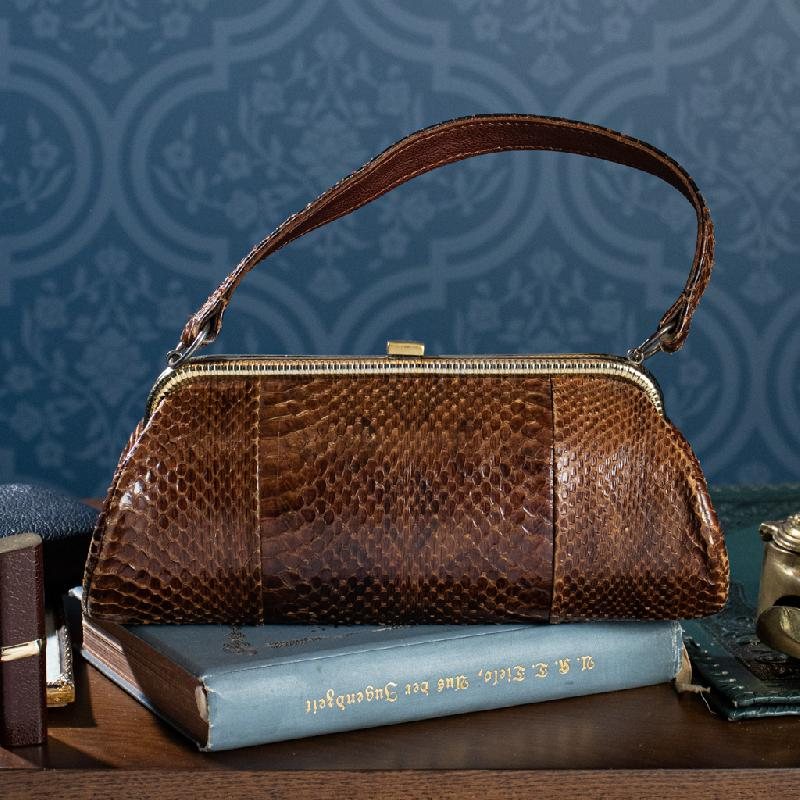 C.a. 1940-50s Montreal Coronet Brown Snakeskin Leather HandBag (MT659)