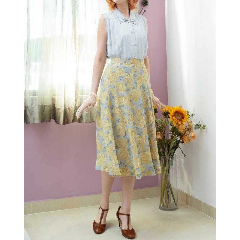 Vintage Japanese Romantic Yellow Rose Pattern Flare Skirt - Waist 26"(MT1606-60)