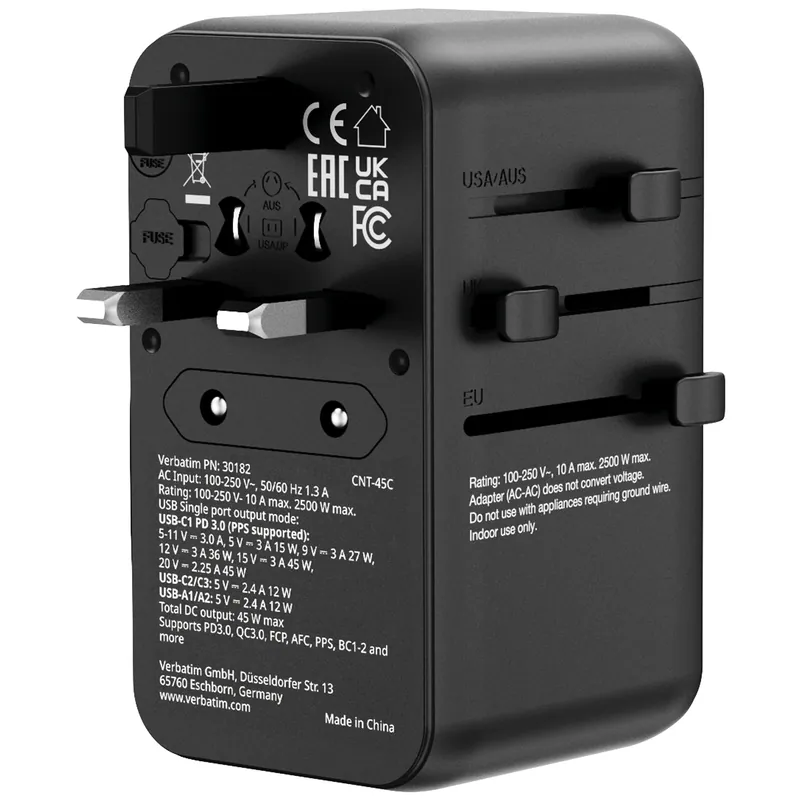 香港行貨 一年保養 Verbatim(威寶) Charge 'n' Travel 45W 通用旅行轉插 (附USB-C可伸縮充電線) 30182