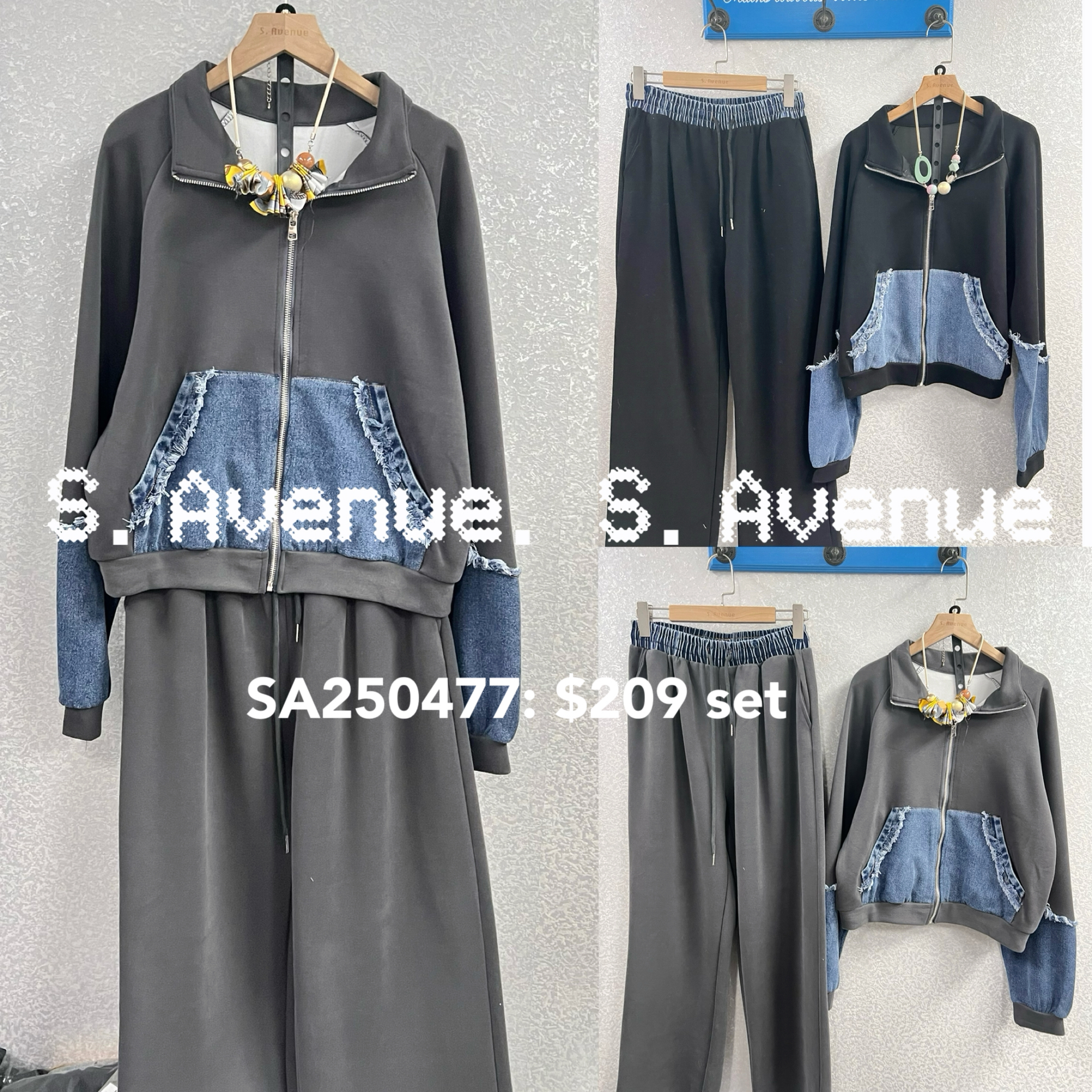 SA250477: 長袖拼牛仔拉錬外套配長褲套裝