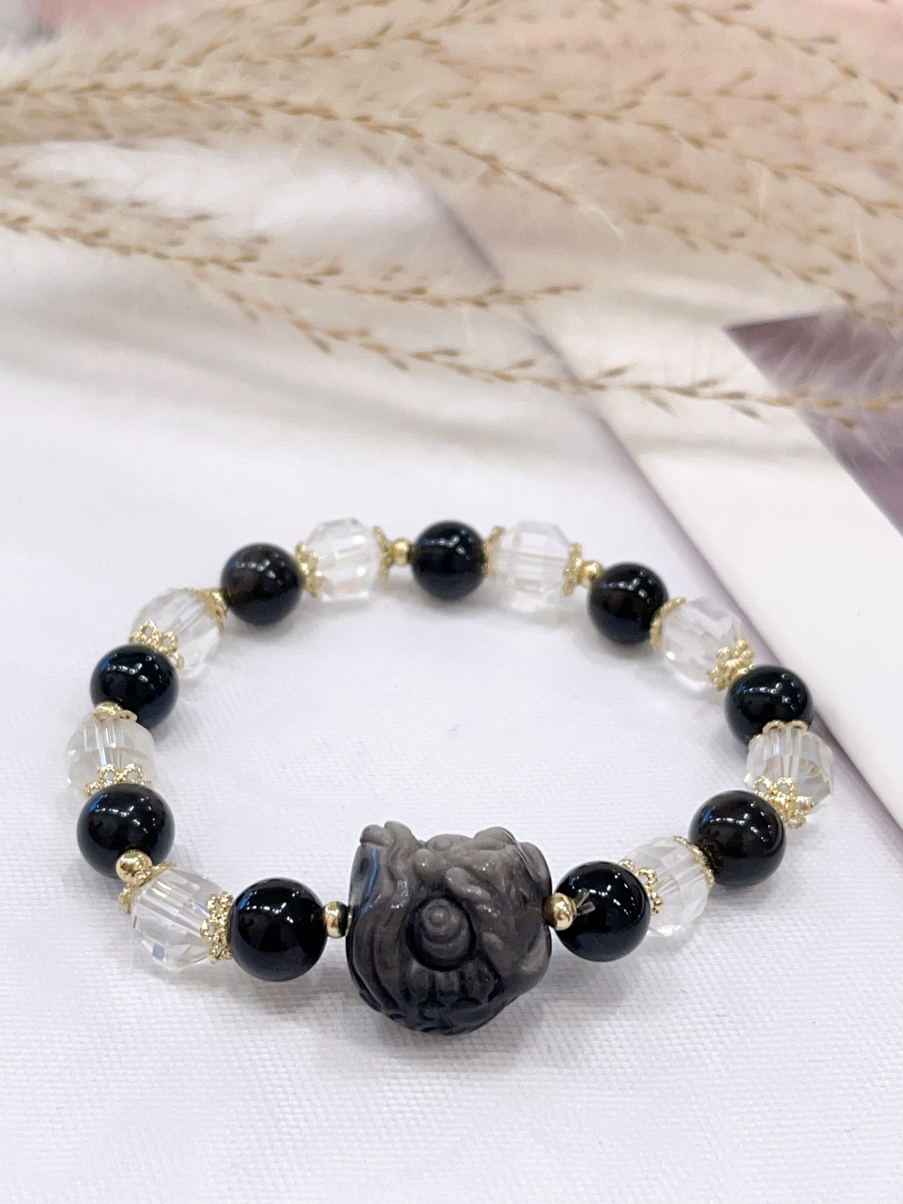 🦁 银耀石醒狮 × 黑曜石 × 白水晶手串  Silver Sheen Obsidian Lion & Obsidian & Clear Quartz｜守护能量