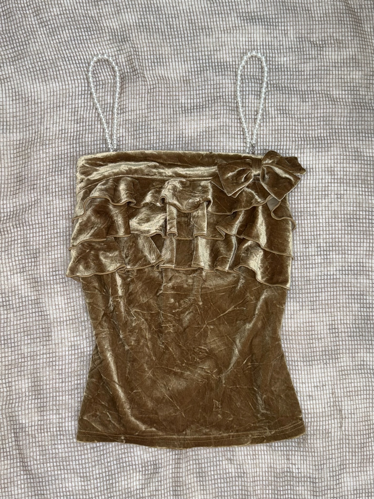 Vintage Velvet Ruffled Cami with Pearl Straps