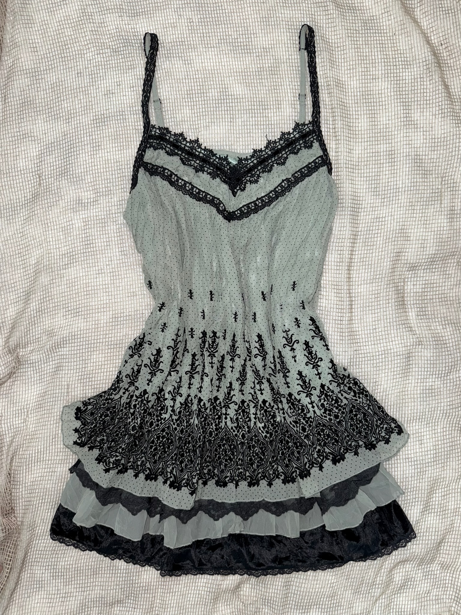 Axes Sage Green Mesh Slip Dress with Black Baroque Print and Tiered Lace Ruffles