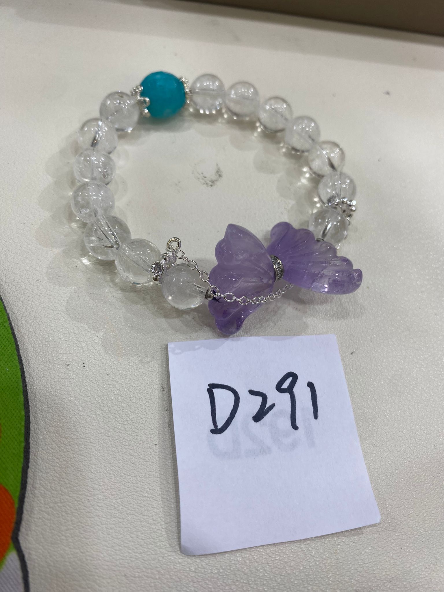 D291 紫水晶蝴蝶結拼白水晶天河石手串 9mm 