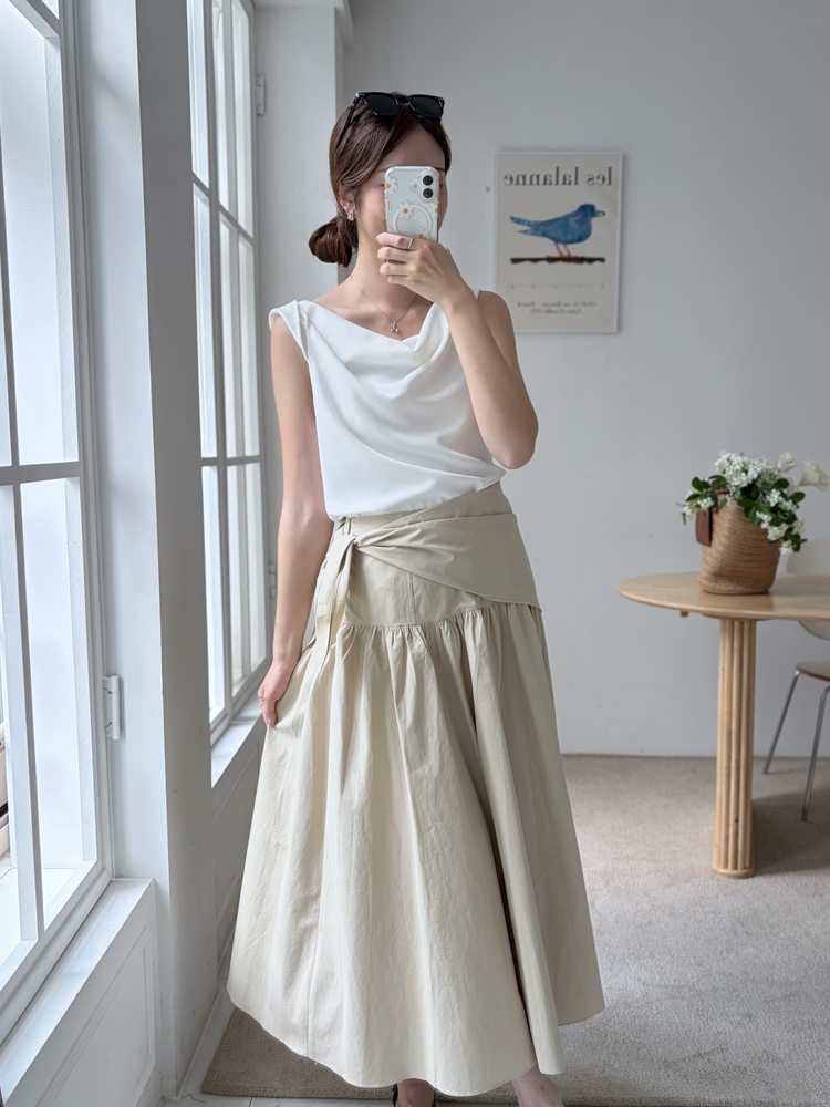 Wrap-Waist Flare Skirt (Beige)
