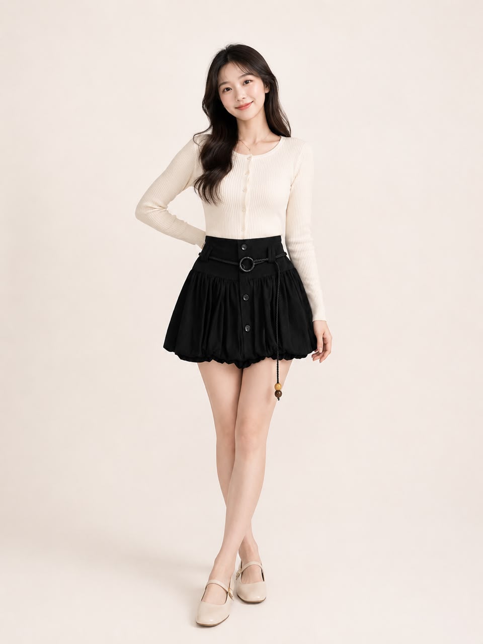 A021022 High Waist Bubble Skirt with Belt