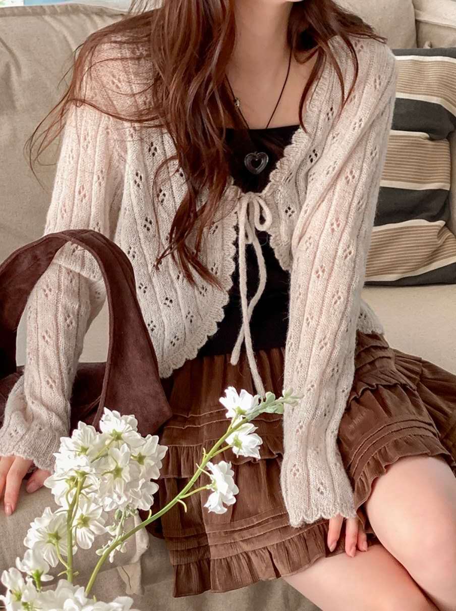 【 🌷一見鍾情の春天色調！精緻小通花鏤空綁帶外套🌸💗 】Candy Ball Mohair Cardogan Top(五色入)