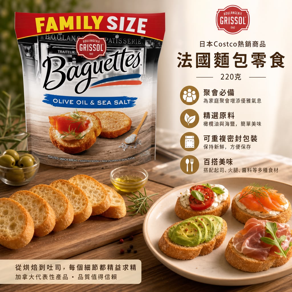 日本Costco直送 Grissol 烤法國麵包脆片（橄欖油海鹽風味）