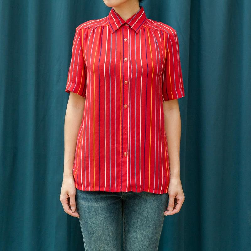 Vintage Japanese An kyara Red and Striped Pattern Chiffon Shirt/Blouse（MT1606-17)