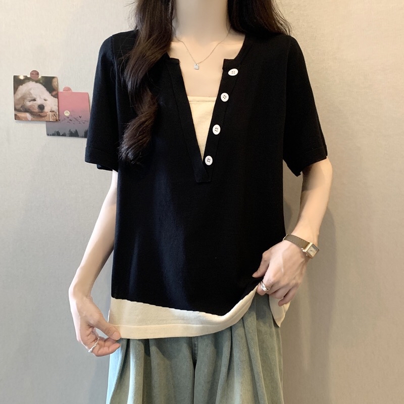 B139(1046) 韩版休闲风假两件小钮边V领撞色斜边下摆黑冰丝针织上衣