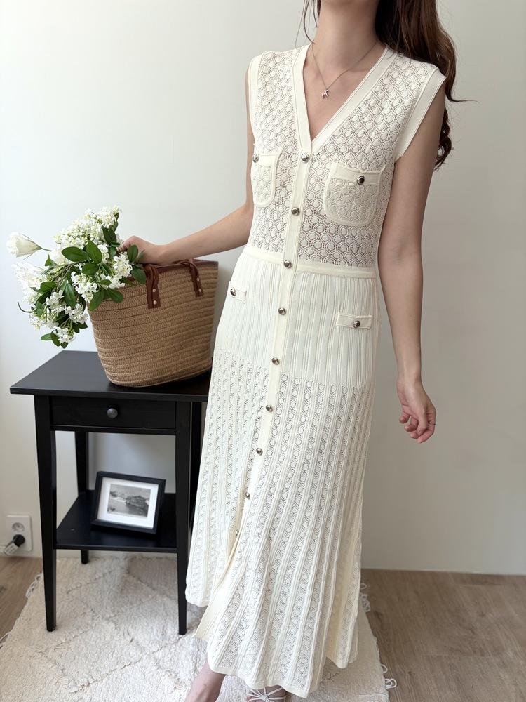 Buttoned Crochet Knit Dress (Ivory)