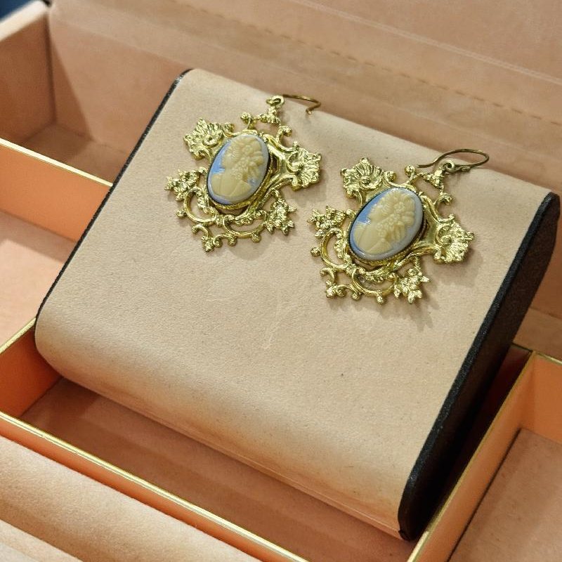 Blue Glass Cameo Hook Earrings (C032)