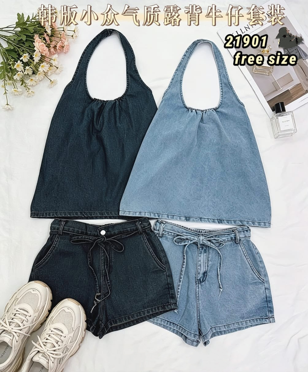 9903 DESIGN DENIM SET 减龄款挂脖式牛仔套装