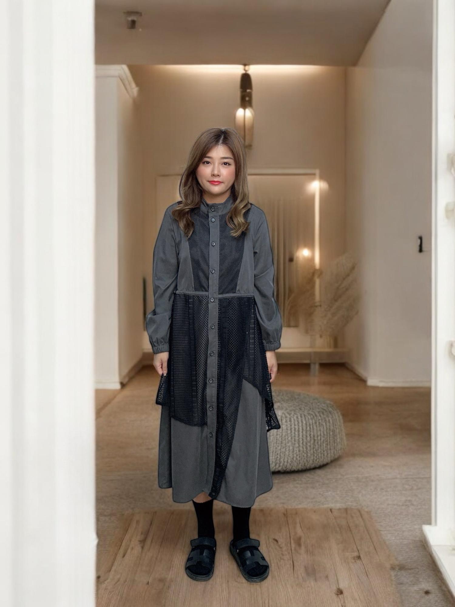 103546 BS 自家款 洗水磨毛布拼接條子網布連身裙外套