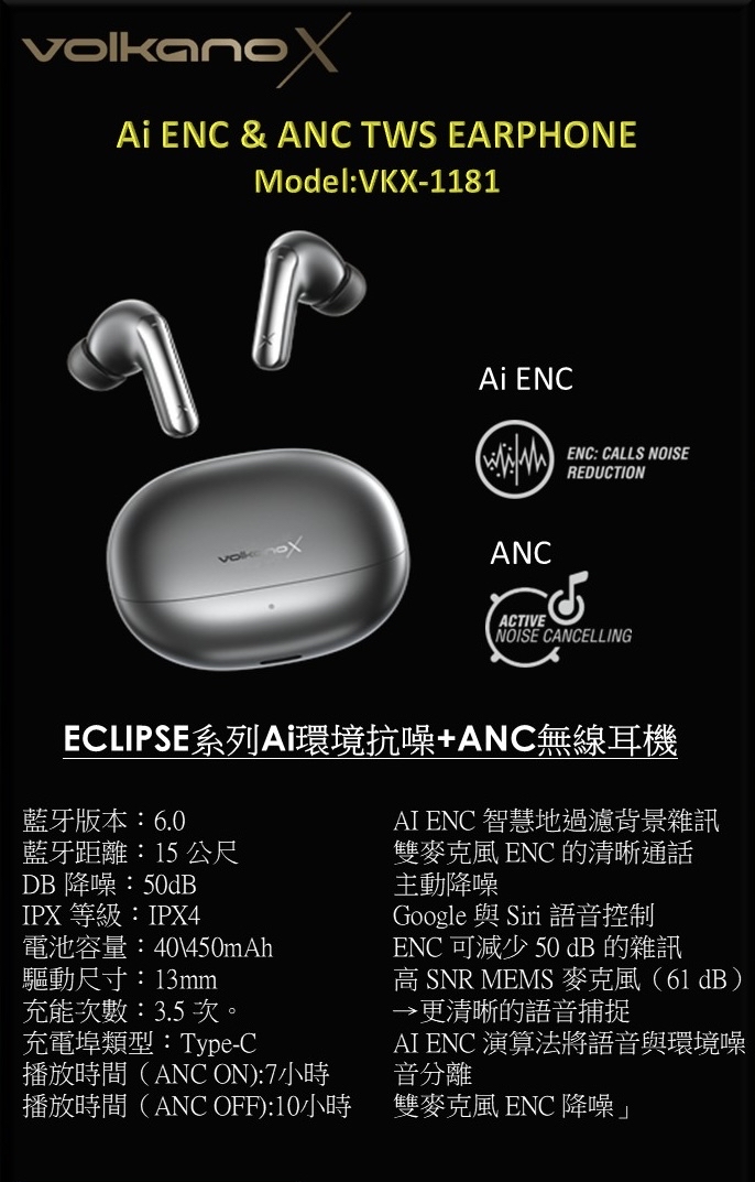 VolKano ECLIPSE Ai 智能運算ENC+ANC TWS 耳機