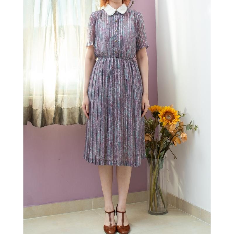 Vintage Japanese Paisley Pattern White Lace Collar Shirt Dress Pleated Summer Dress(MT2068)