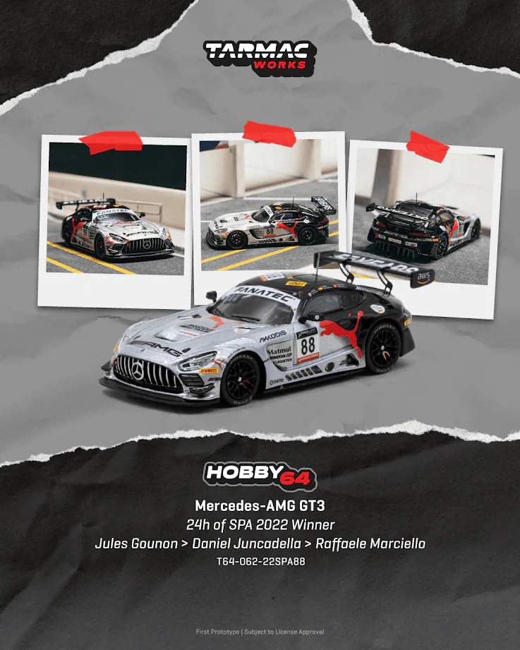預訂 Pre Order - Tarmac Works ( T64-062-22SPA88 ) Mercedes-AMG GT3 24h of SPA 2022 Winner Jules Gounon / Daniel Juncadella / Raffaele Marciello