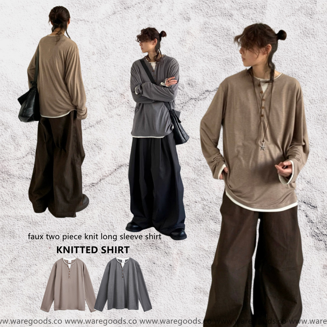 W35假兩件開胸長袖T恤