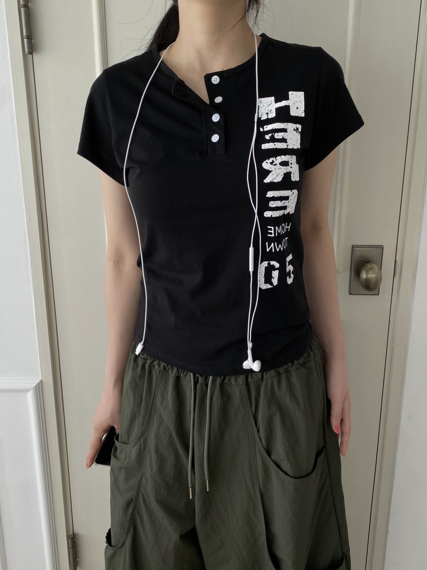 Distressed Graphic Button Top