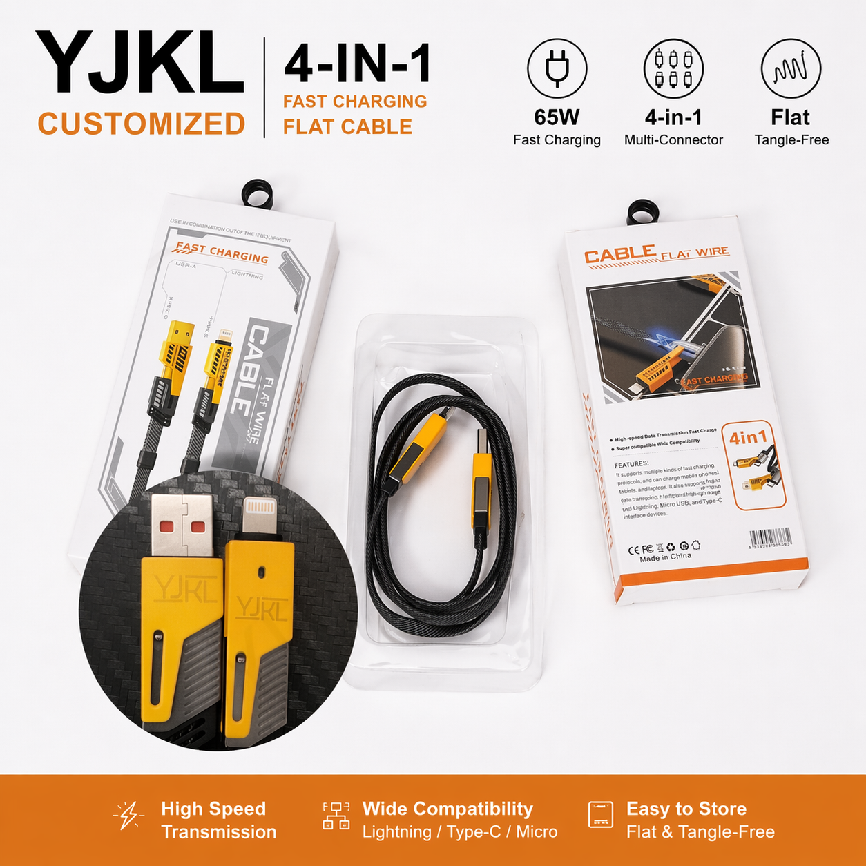 YJKL 4-in-1 Fast Charging Cable (65W) | Flat Durable Design | Lightning + Type-C + Micro USB | For Android & Apple (Except iPhone 15/16/17)