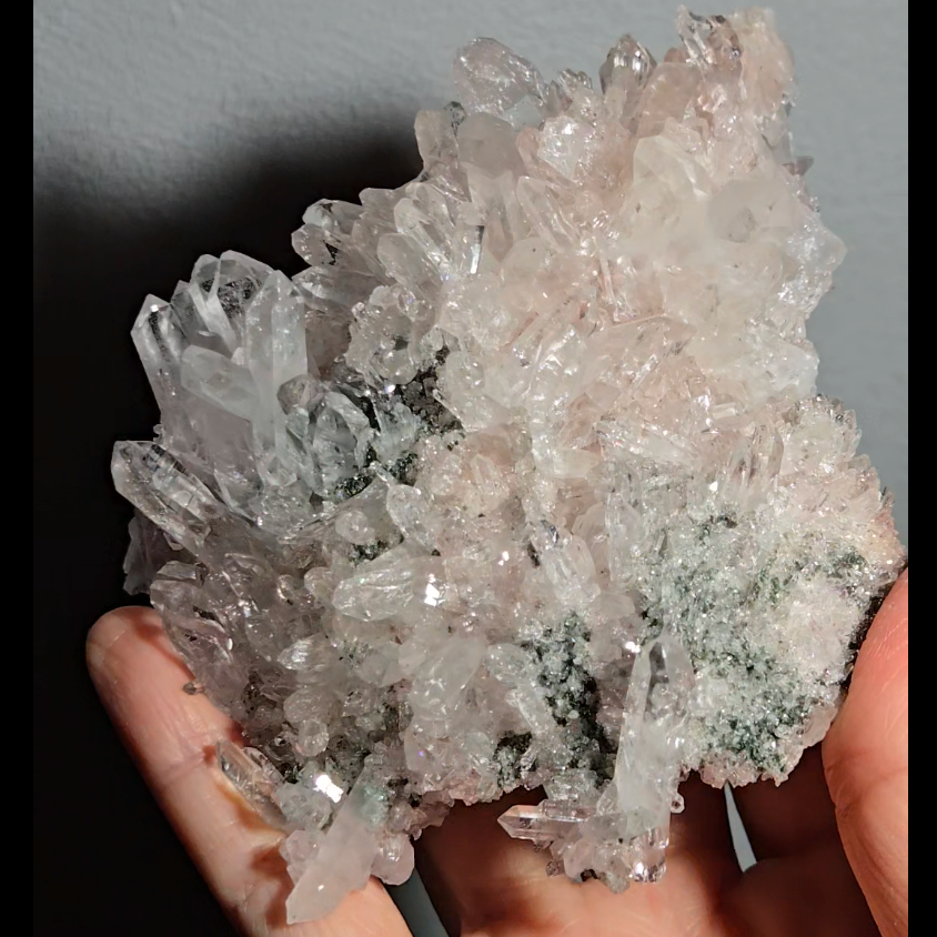 Pink Lemurian quartz cluster with green chlorite, rainbows - LQ189