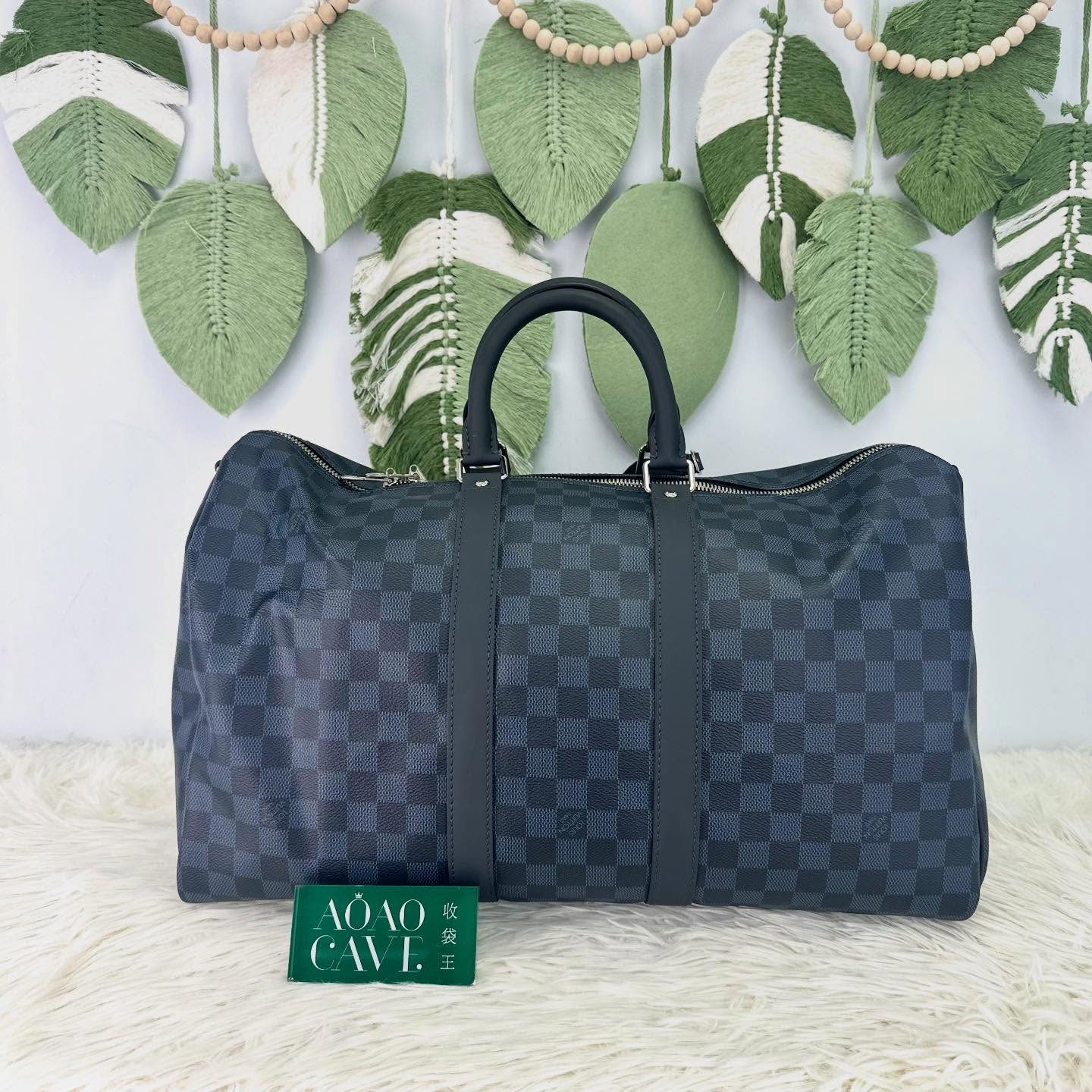 LV 🤍PRE OWNED KeepAll 45 藍黑色棋盤格 手提單肩斜肩包💙