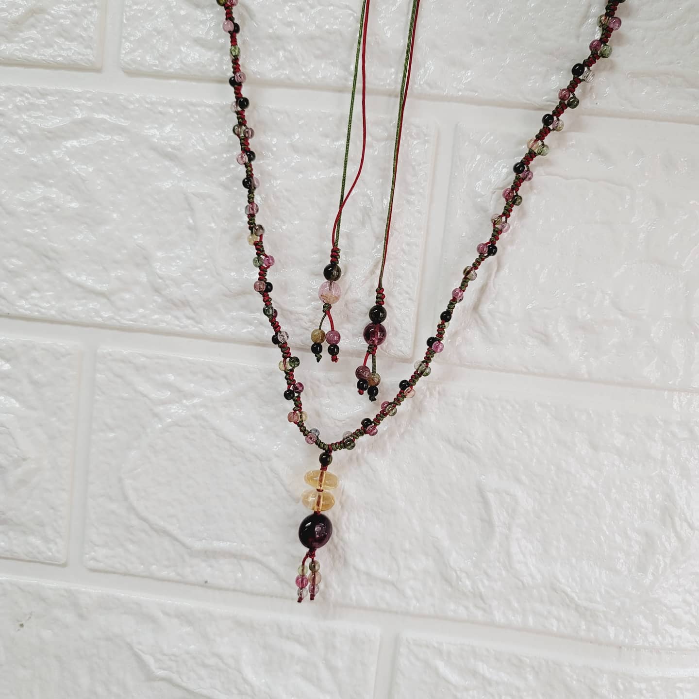 彩碧璽黃水晶織繩頸鏈