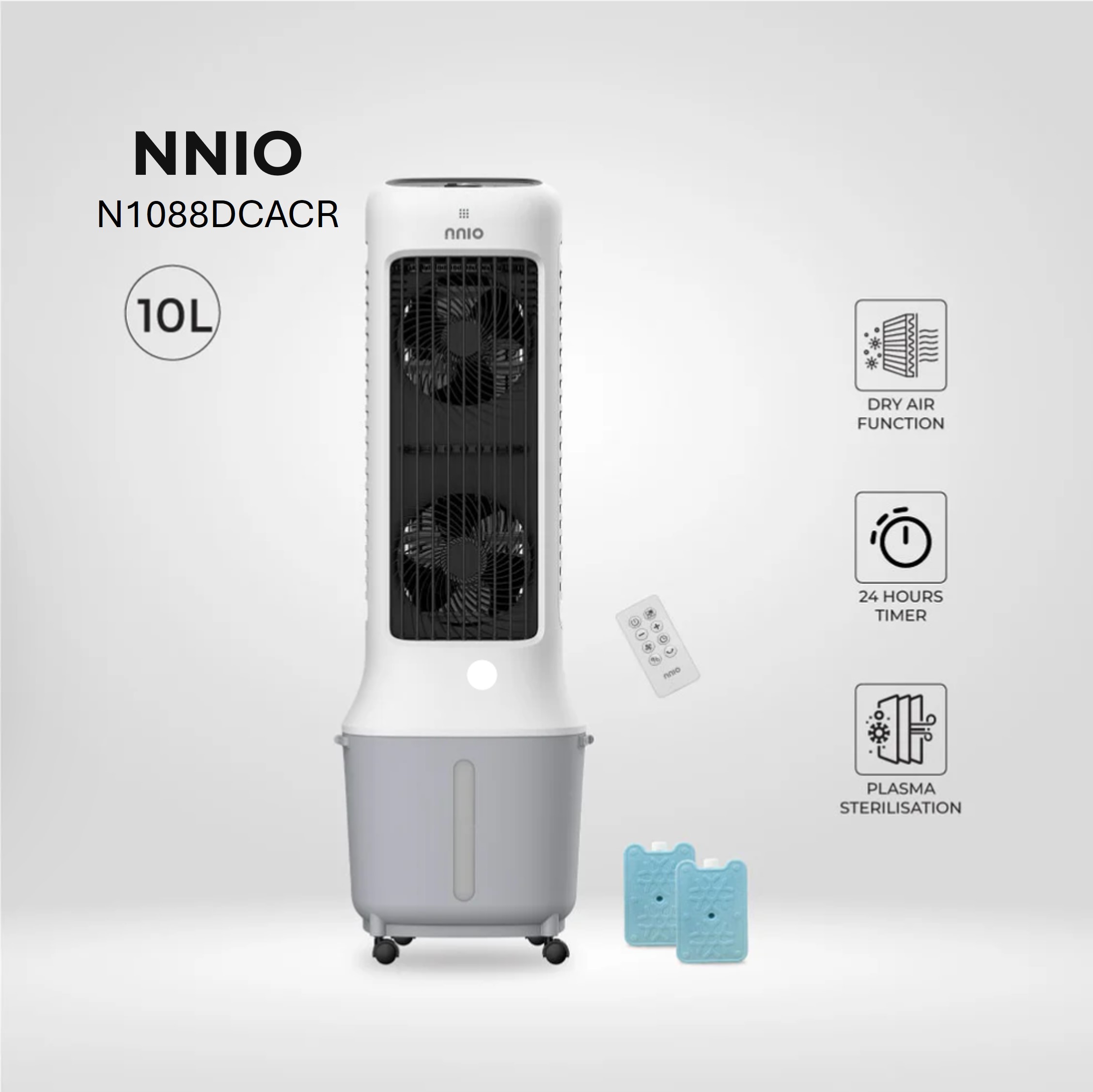 2-in-1 DC Motor Fan and Air Cooler with Remote Control, 24 Speed, 10L Water Tank, Plasma Sterilisation (N1088DCACR)