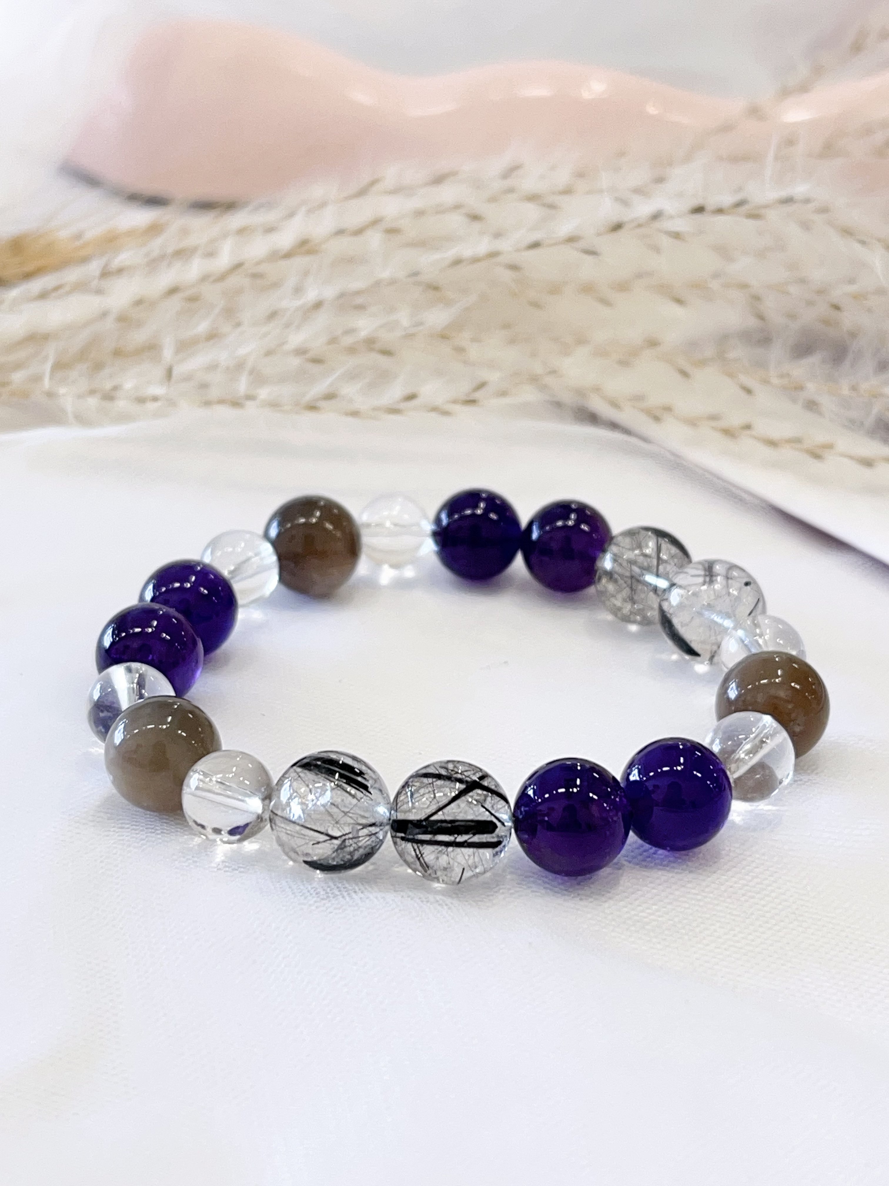 🐇 灰兔毛 × 黑发晶 × 紫水晶 × 白水晶手串 Grey Rabbit Fur Quartz, Black Rutilated Quartz, Amethyst & Clear Quartz