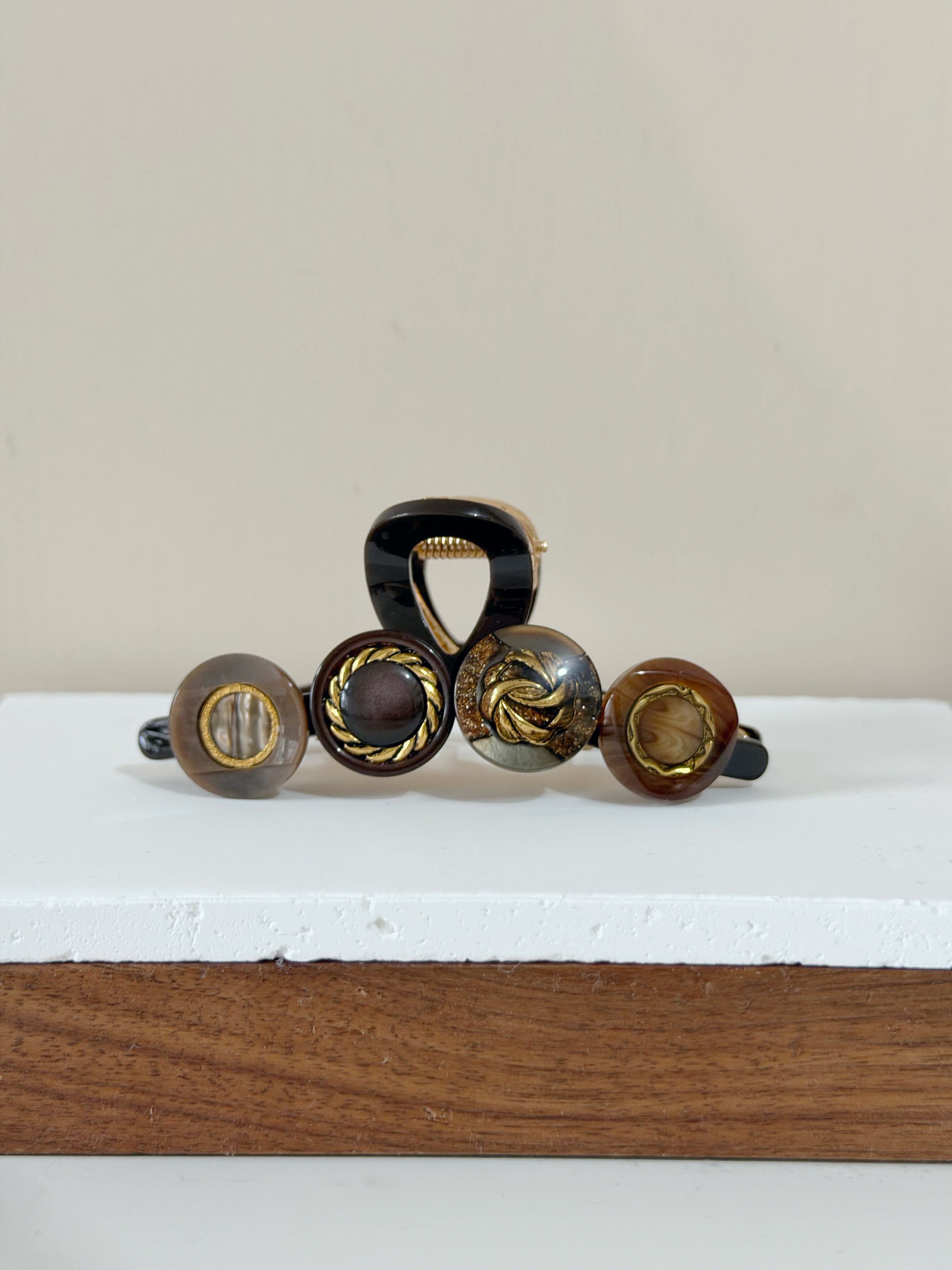 復古鈕扣髮夾/啡色系 8cm長