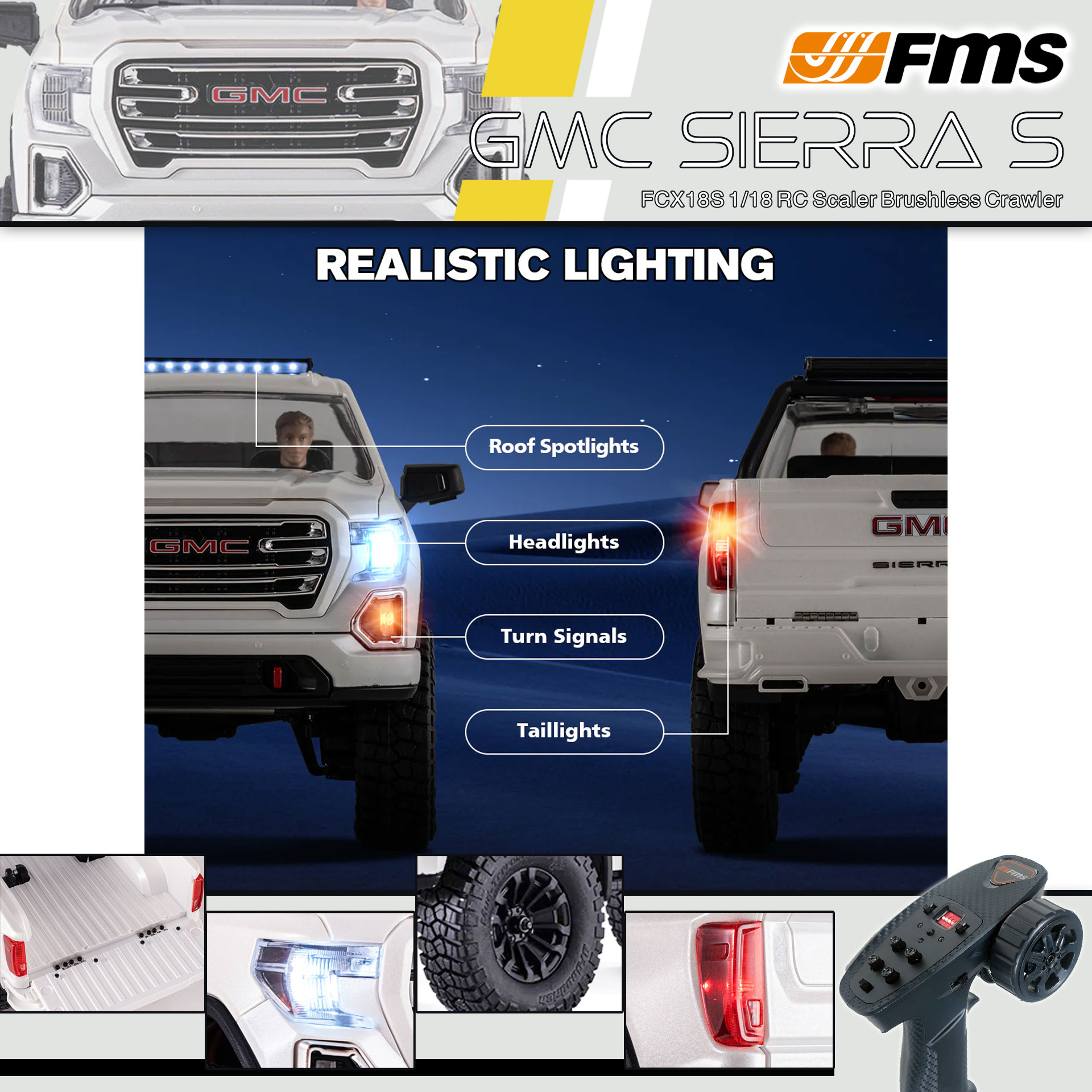 全新 FMS FCX18S 1:18 GMC Sierra S RTR Brushless | General Motors LLC授權 | 無刷版本 | 聯動指揮燈 | 2段機械變速 | 迷你慢爬車 | 遙控車 | 像真迷你遙控車