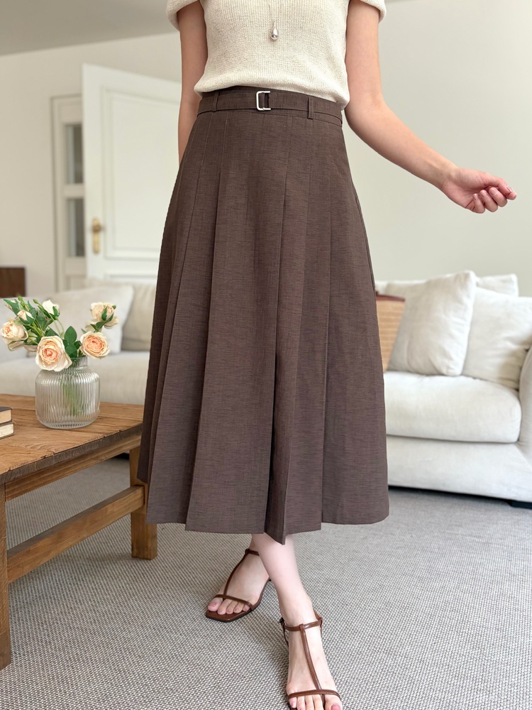 Linen Blend Pleated Skirt (Brown)
